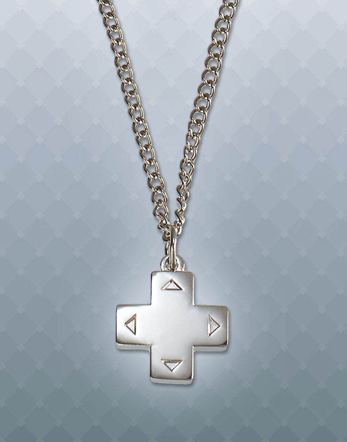 A picture of the pendant and necklace. It is silver in color. The pendant is in the shape of a d-pad, with directional arrows relieved onto the front of the "buttons."