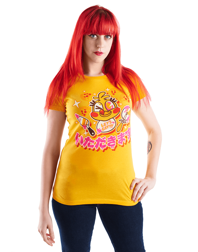 An image of the Chicadakimasu shirt, worn by a model.