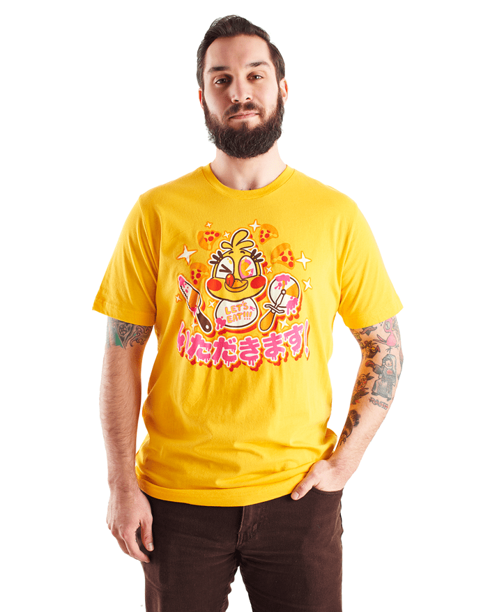 An image of the Chicadakimasu shirt, worn by a model.