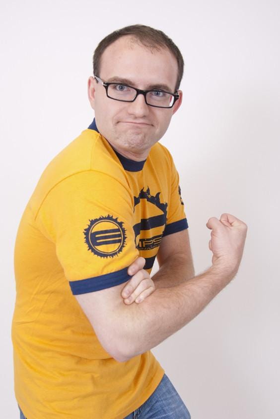 Some dork modeling the Eclipse Mercenaries' shirt.