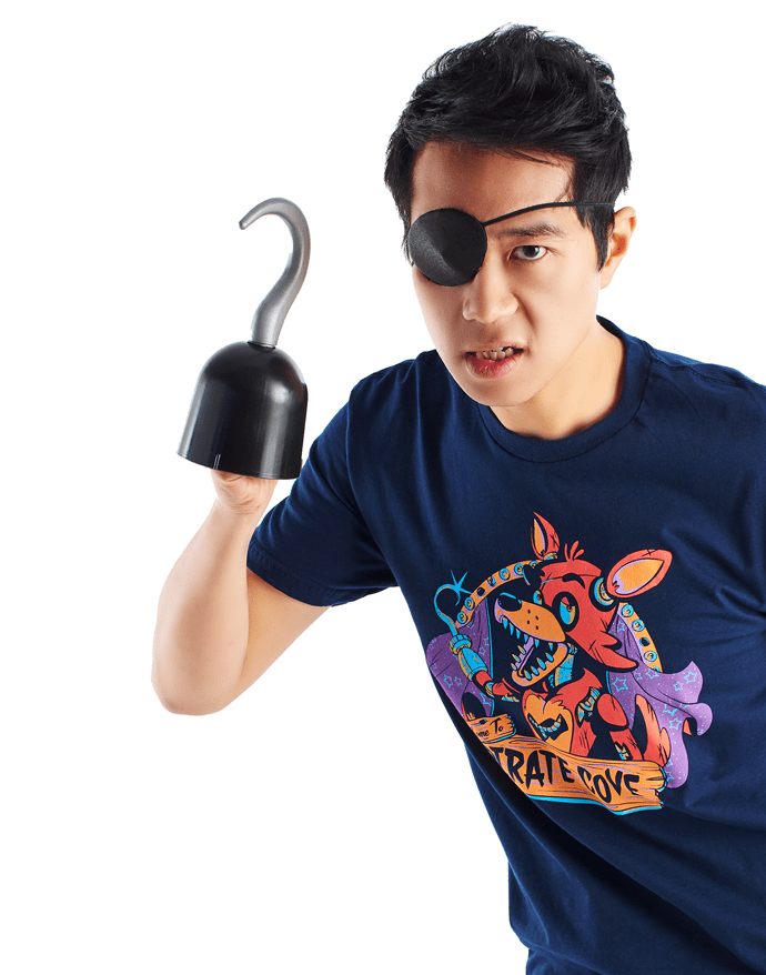 An image of the Pirate's Cove Shirt. It is navy blue and features Foxy in the Pirate Cove.