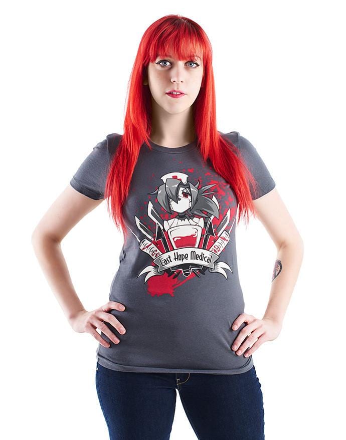 An image of the Valentine Shirt. It is printed on a grey tee, and features a bloody illustration of Valentine surrounded by scalpels, syringes, and a blood bag. Beneath her, it reads, "Last Hope Medical."