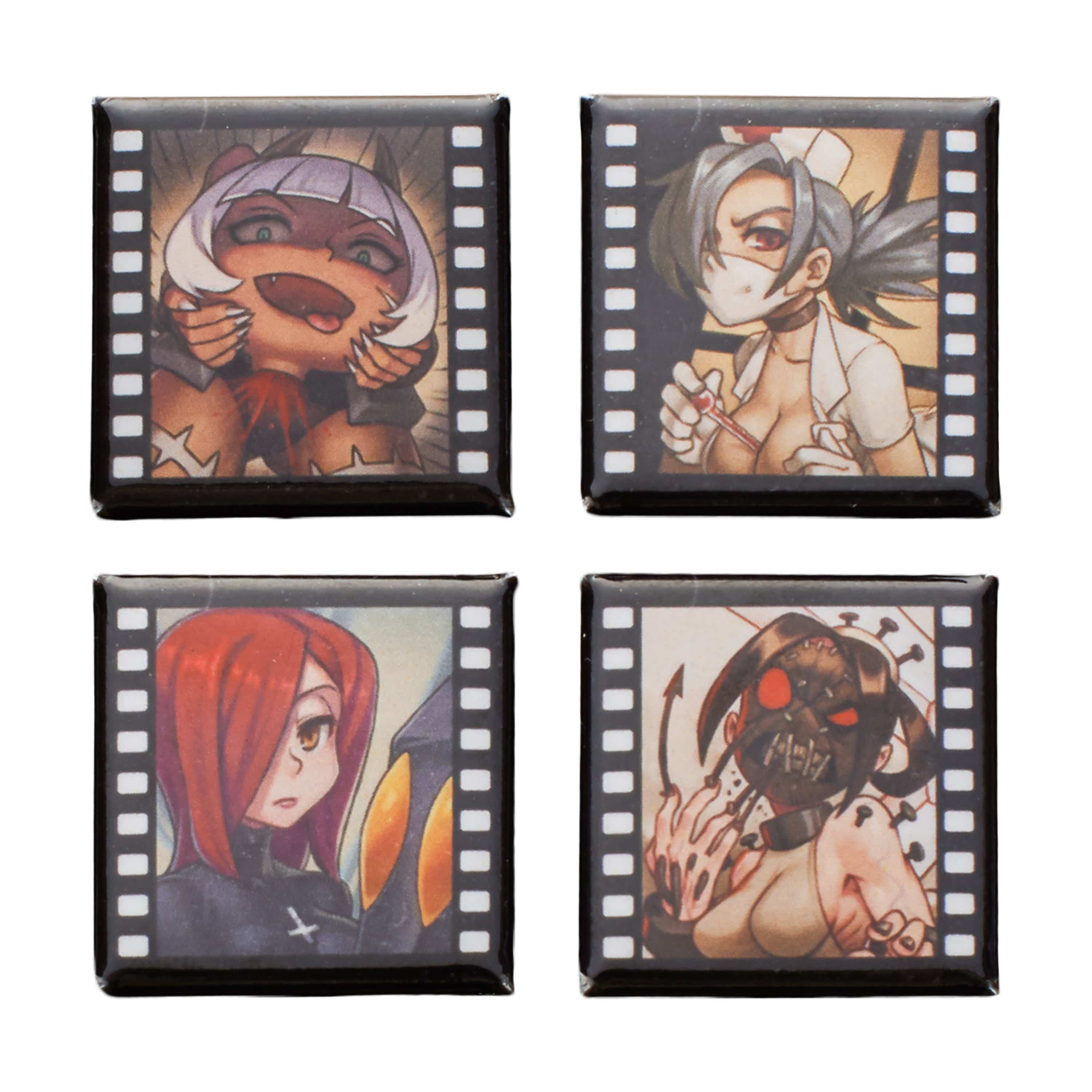 Skullgirls - Film Strip Button Pack: Series 2 Ms. Fortune, Valentine, Parasoul, and Painwheel.