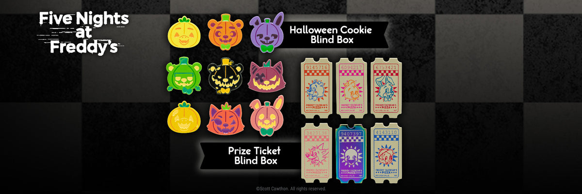 Official Sanshee Five Nights at Freddy's Halloween Cookie Pins Blind Box and official Five Nights at Freddy’s Prize Tickets: Series 2 Enamel Pins Blog Post 