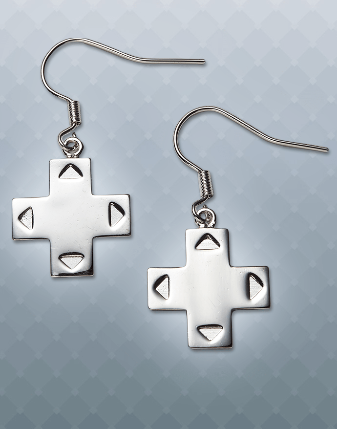 An image of the earrings. They are drop earrings in the shape of d-pads. The directional arrow are relieved onto the front of the earrings.