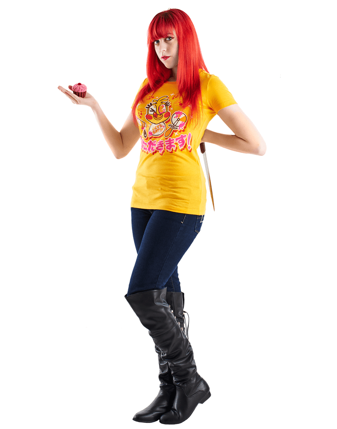An image of the Chicadakimasu shirt, worn by a model holding a knife and a cupcake.