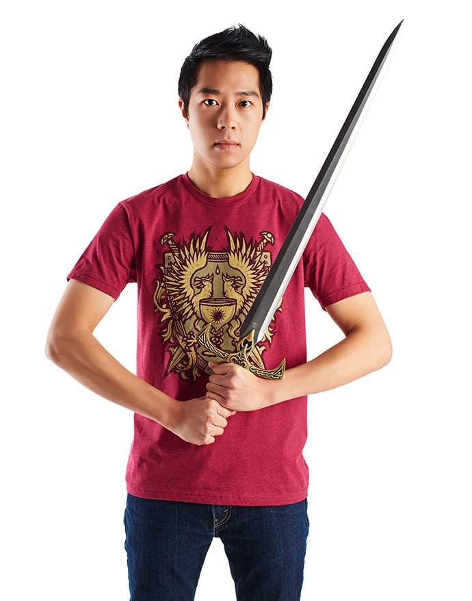 An image of the Grey Warden Heraldry shirt. It is heather red, featuring the Grey Warden heraldry on the front.