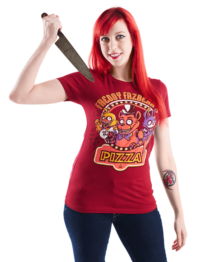An image of the Freddy Fazbear shirt. It is a dark red shirt, featuring Freddy, Chica, and Bonnie. Worn by a model holding a knife.