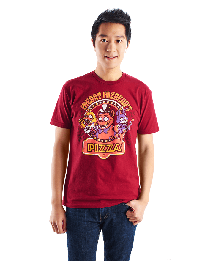 An image of the Freddy Fazbear shirt. It is a dark red shirt, featuring Freddy, Chica, and Bonnie.