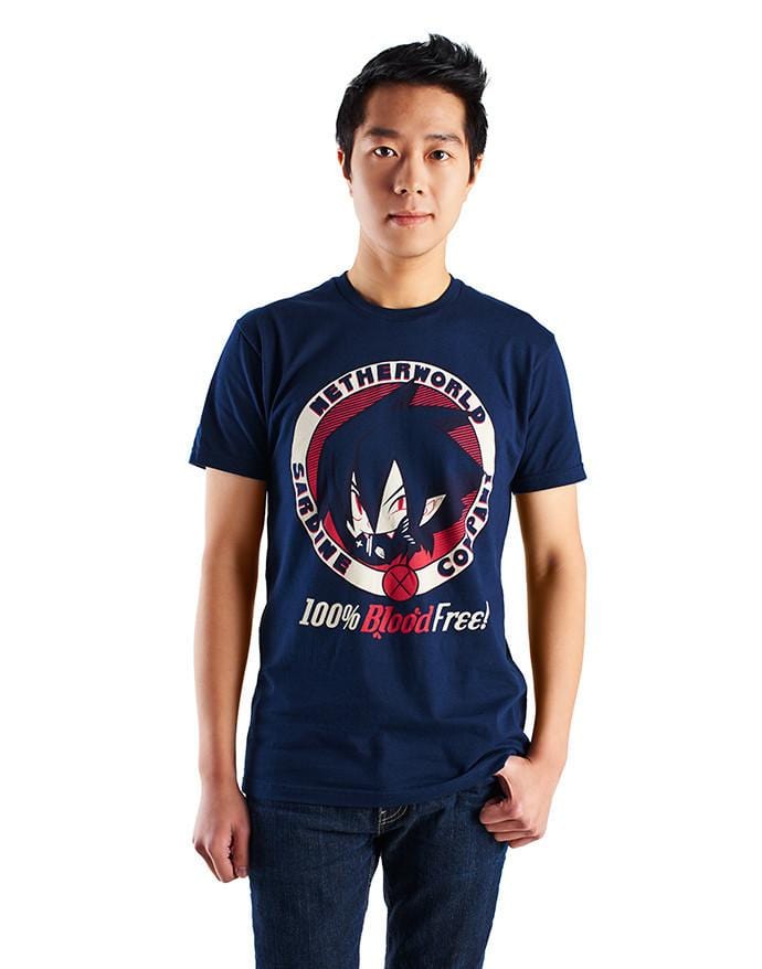 An image of the Netherworld Sardine shirt. It is a navy shirt with off-white and red illustration in the center.