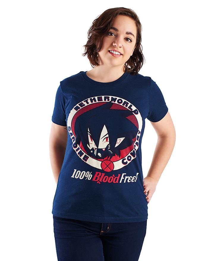 An image of the Netherworld Sardine shirt. It is a navy shirt with off-white and red illustration in the center.