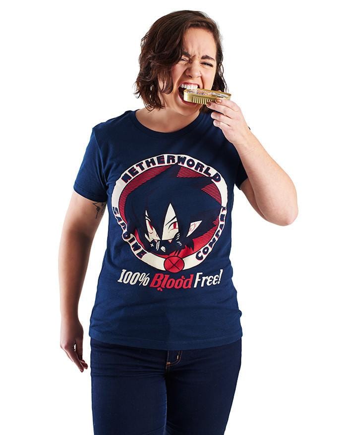 An image of the Netherworld Sardine shirt. It is a navy shirt with off-white and red illustration in the center.