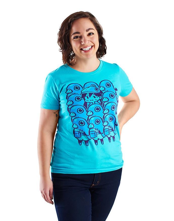 Image of the Prinny Pileup shirt. It is a bright blue shirt with a cartoon illustration in the center.