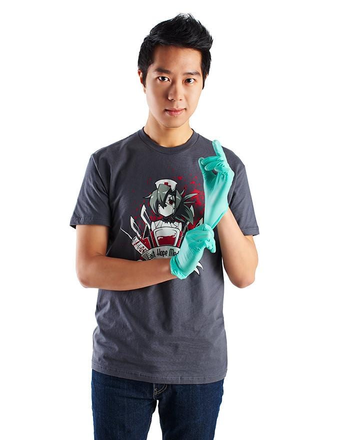An image of the Valentine Shirt. It is printed on a grey tee, and features a bloody illustration of Valentine surrounded by scalpels, syringes, and a blood bag. Beneath her, it reads, "Last Hope Medical."