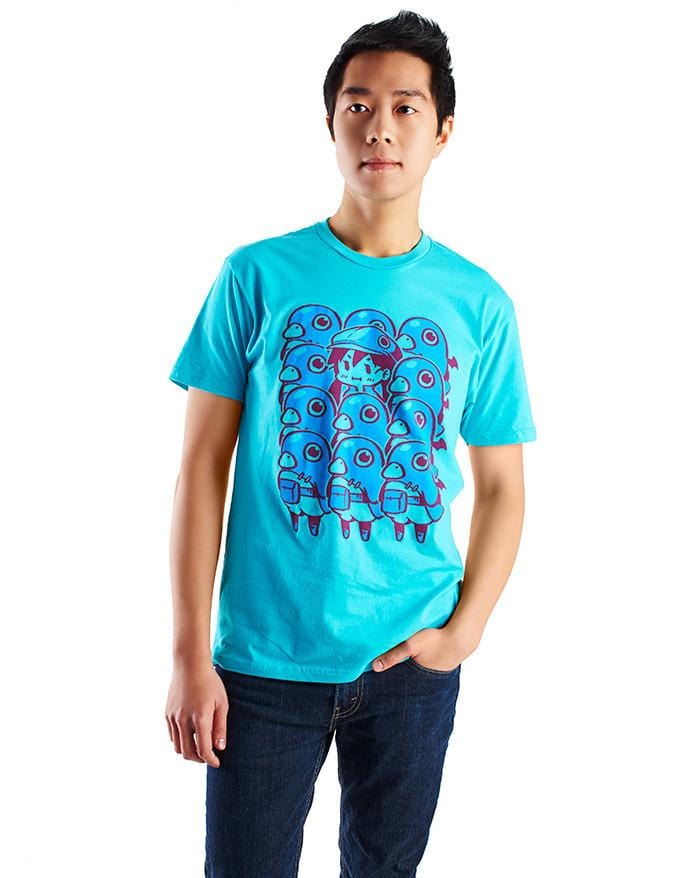 Image of the Prinny Pileup shirt. It is a bright blue shirt with a cartoon illustration in the center.