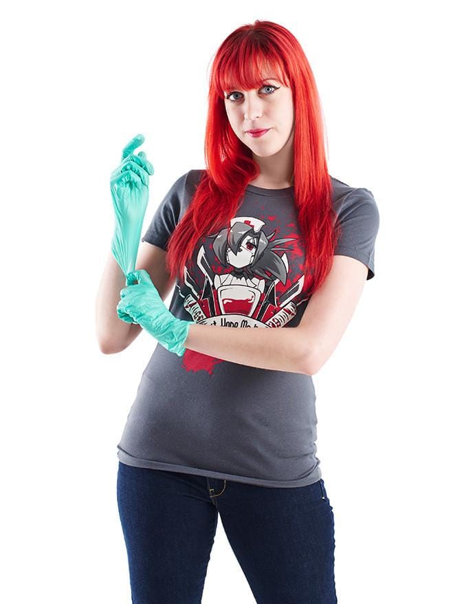 An image of the Valentine Shirt. It is printed on a grey tee, and features a bloody illustration of Valentine surrounded by scalpels, syringes, and a blood bag. Beneath her, it reads, "Last Hope Medical."